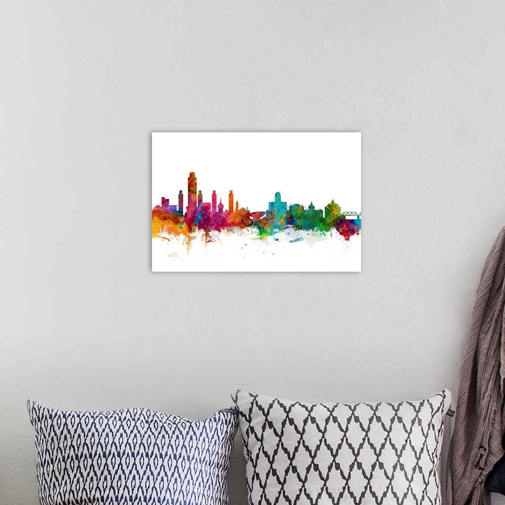 A bohemian room featuring Watercolor artwork of the Albany skyline against a white background.