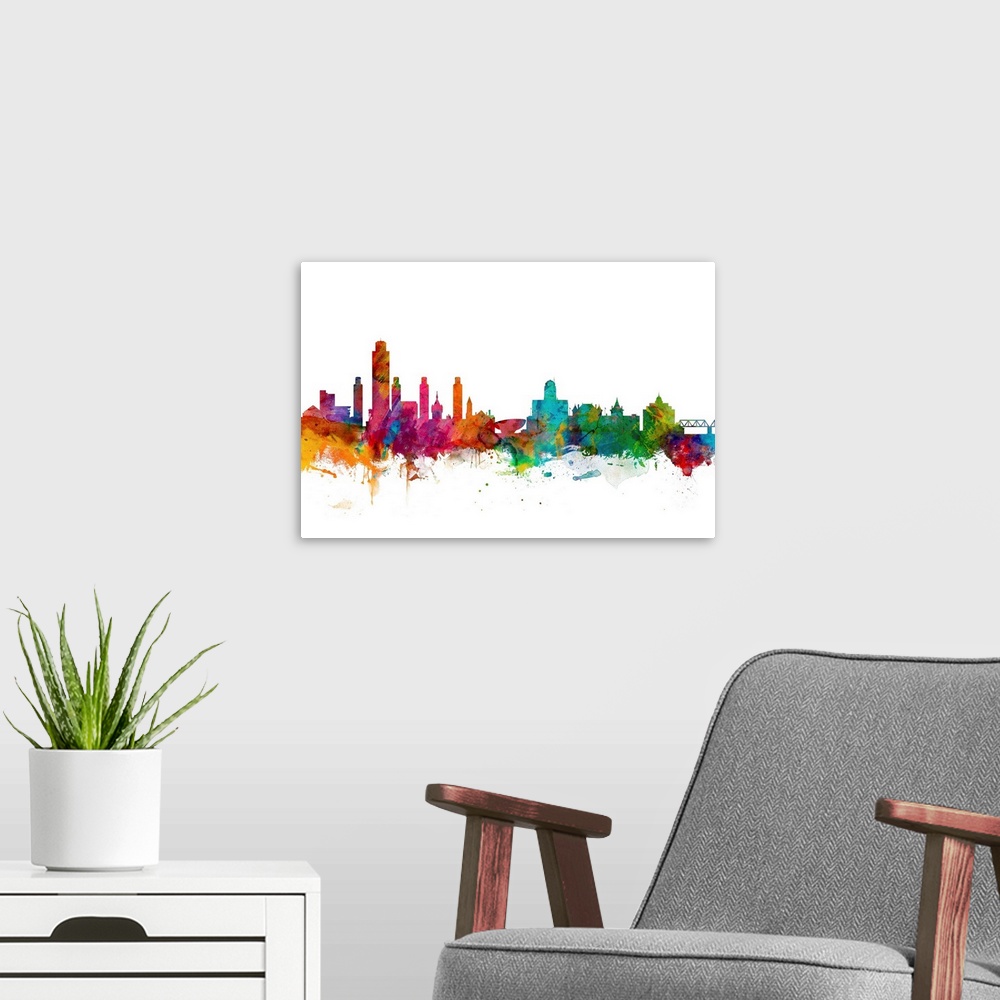 A modern room featuring Watercolor artwork of the Albany skyline against a white background.