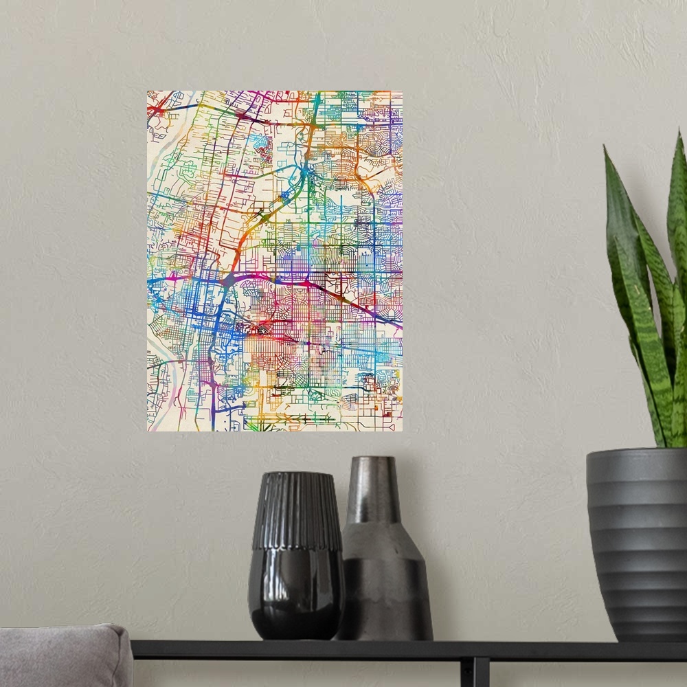 A modern room featuring Contemporary colorful city street map of Albuquerque.