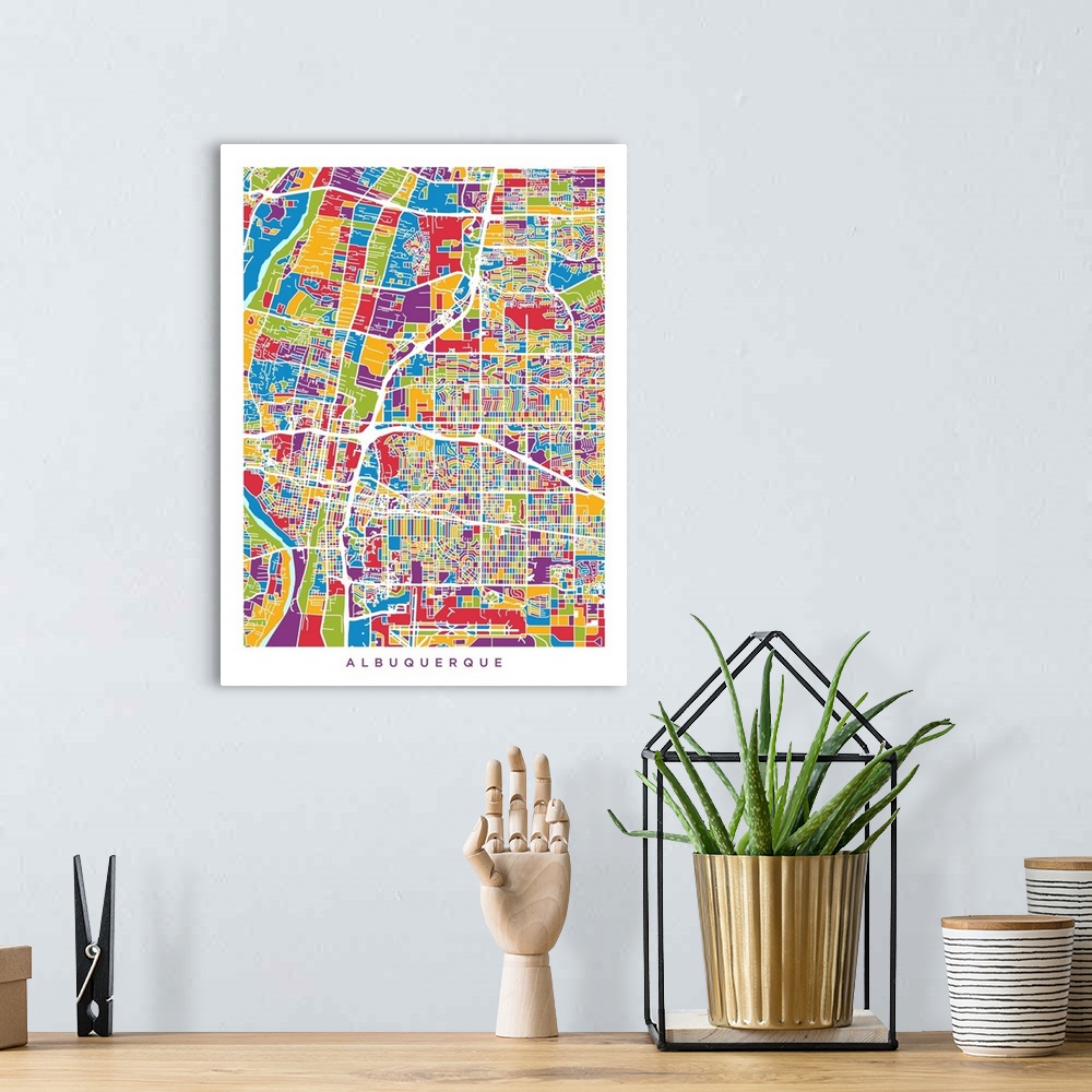A bohemian room featuring Street map of Albuquerque, New Mexico, United States