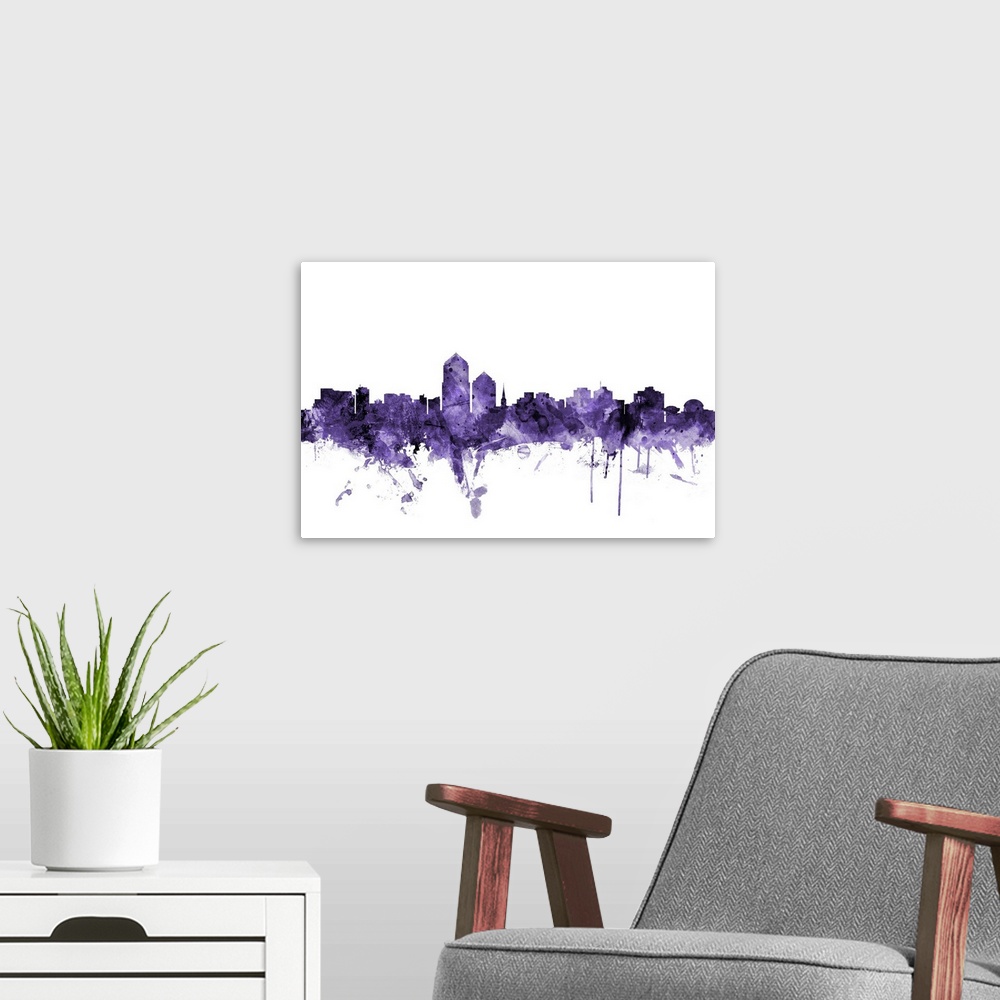 A modern room featuring Watercolor art print of the skyline of Albuquerque, New Mexico, United States