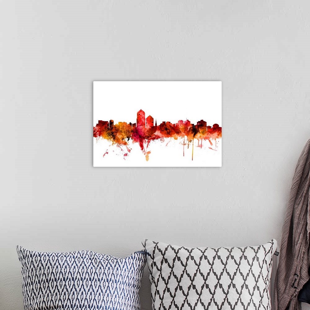 A bohemian room featuring Watercolor art print of the skyline of Albuquerque, New Mexico, United States.