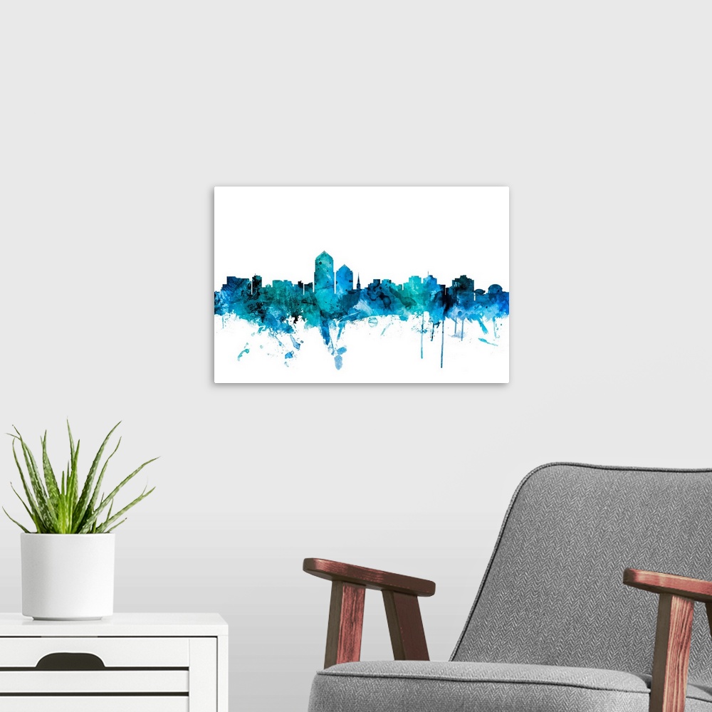 A modern room featuring Watercolor art print of the skyline of Albuquerque, New Mexico, United States.