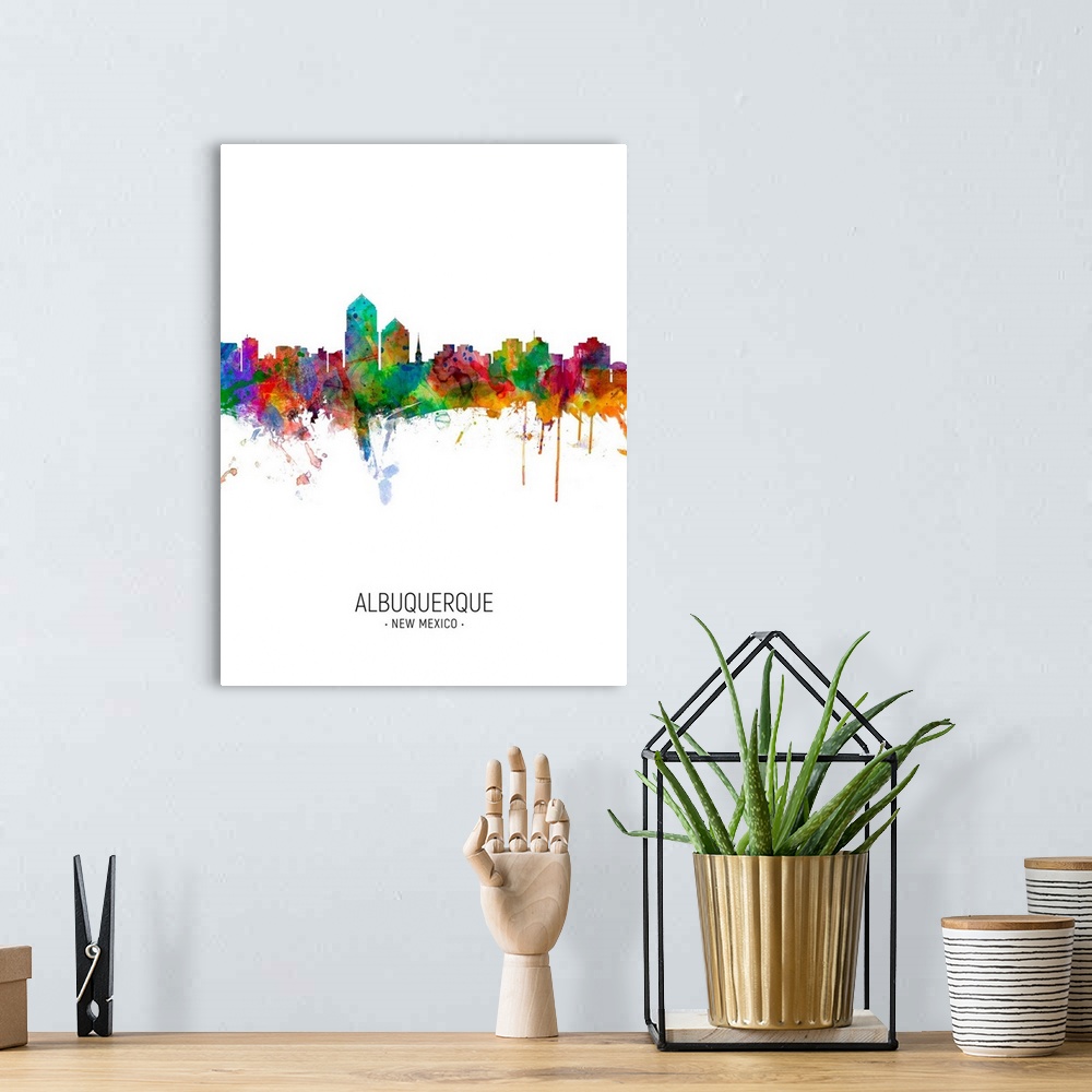 A bohemian room featuring Watercolor art print of the skyline of Albuquerque, New Mexico, United States