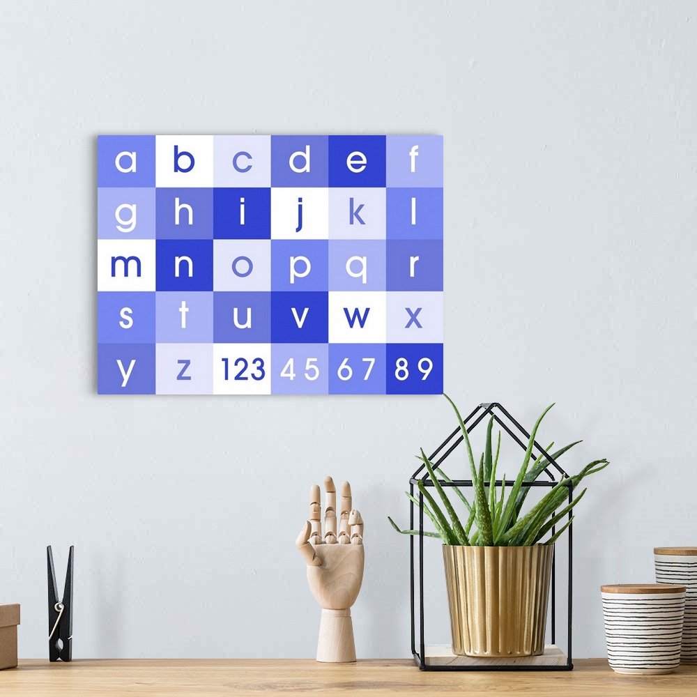 A bohemian room featuring Alphabet and numbers canvas print in shades of blue. Contemporary design for kids and children's ...