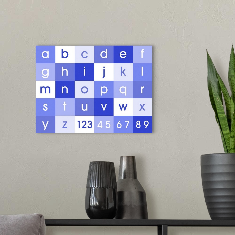 A modern room featuring Alphabet and numbers canvas print in shades of blue. Contemporary design for kids and children's ...