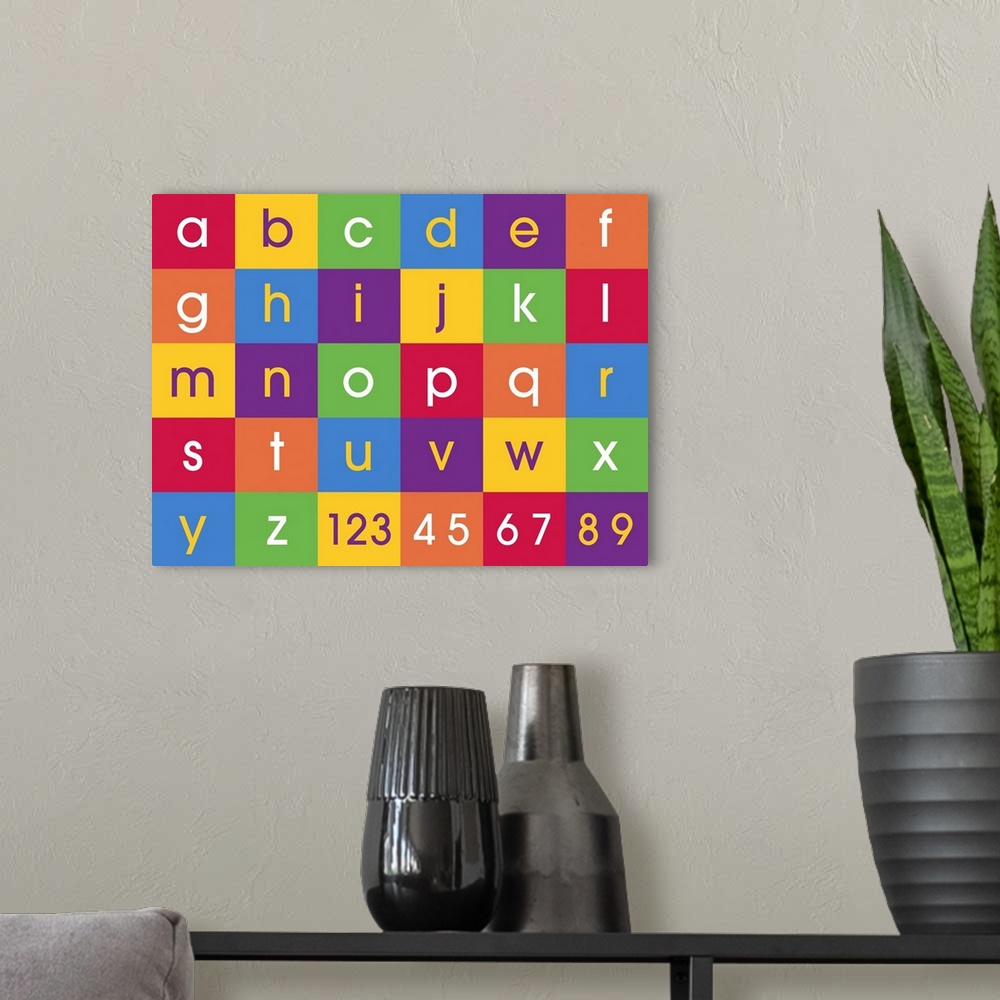 A modern room featuring Alphabet and numbers canvas print in bright fun colors. Contemporary design for kids and children...