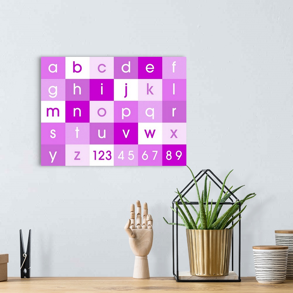 A bohemian room featuring Alphabet and numbers canvas print in shades of pink. Contemporary design for kids and children's ...