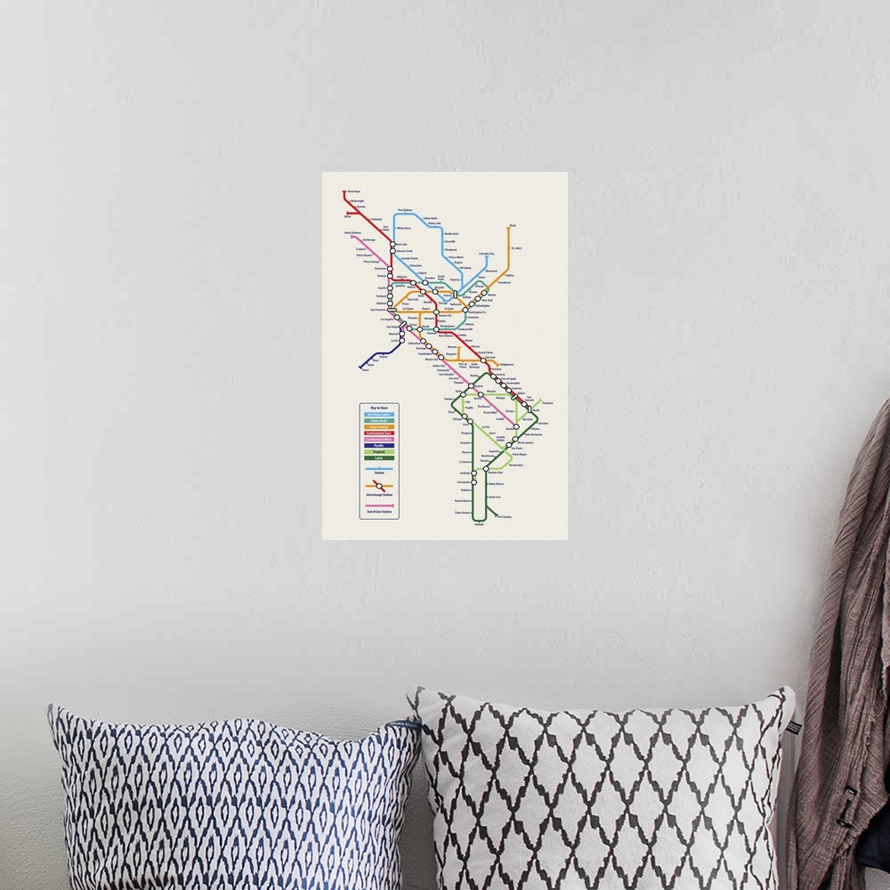 A bohemian room featuring The American Continent in the iconic style of a Tube / Metro / Subway / Underground System Map.  ...