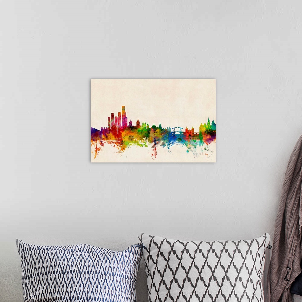 A bohemian room featuring Contemporary piece of artwork of the Amsterdam skyline made of colorful paint splashes.