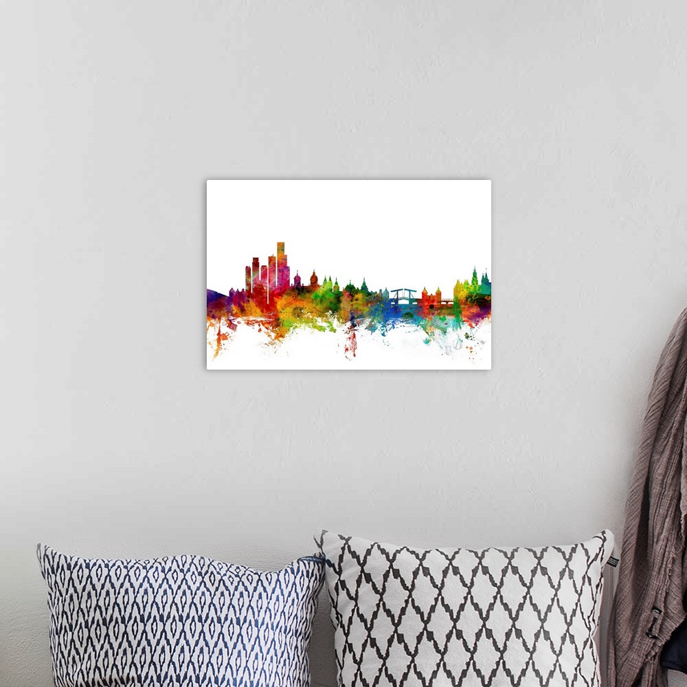 A bohemian room featuring Watercolor artwork of the Amsterdam skyline against a white background.