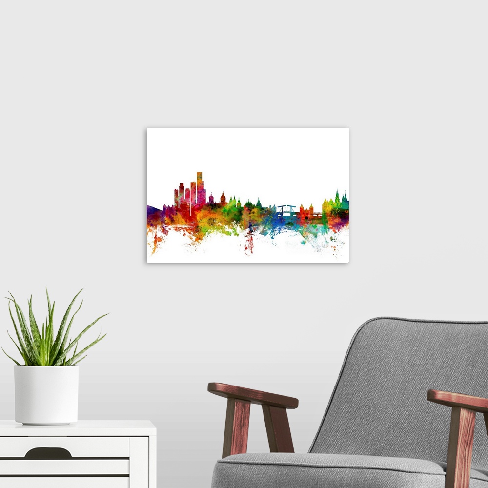A modern room featuring Watercolor artwork of the Amsterdam skyline against a white background.