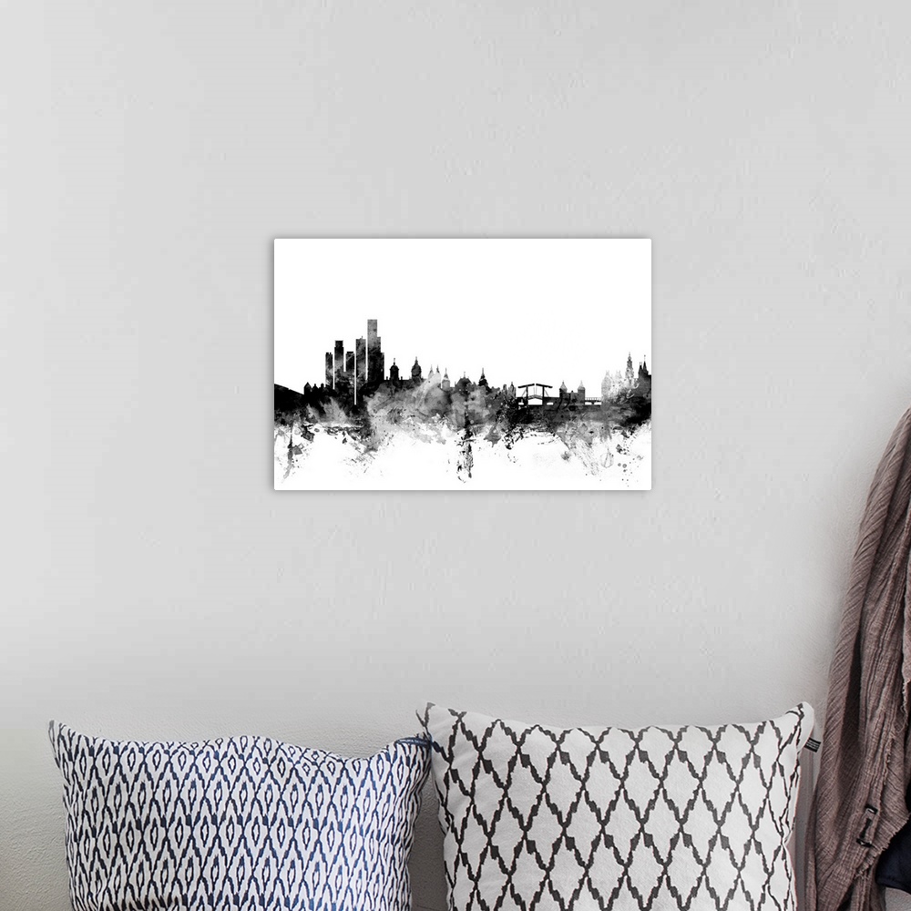 A bohemian room featuring Contemporary artwork of the Amsterdam city skyline in black watercolor paint splashes.