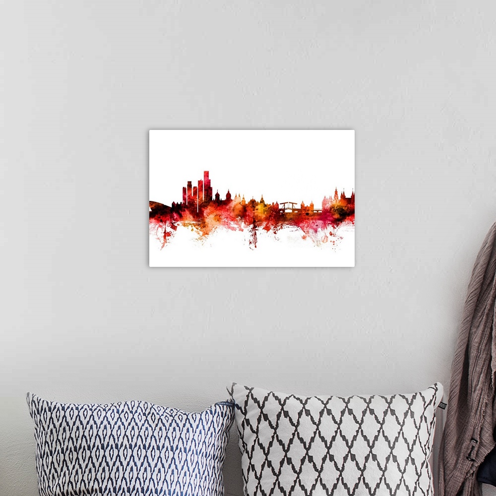 A bohemian room featuring Watercolor art print of the skyline of Amsterdam, The Netherlands.