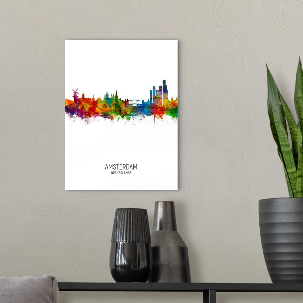 A modern room featuring Watercolor art print of the skyline of Amsterdam, The Netherlands
