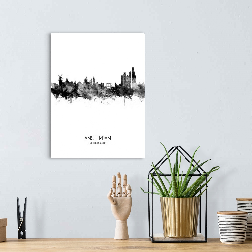 A bohemian room featuring Watercolor art print of the skyline of Amsterdam, The Netherlands