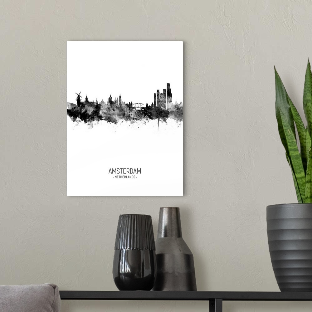 A modern room featuring Watercolor art print of the skyline of Amsterdam, The Netherlands