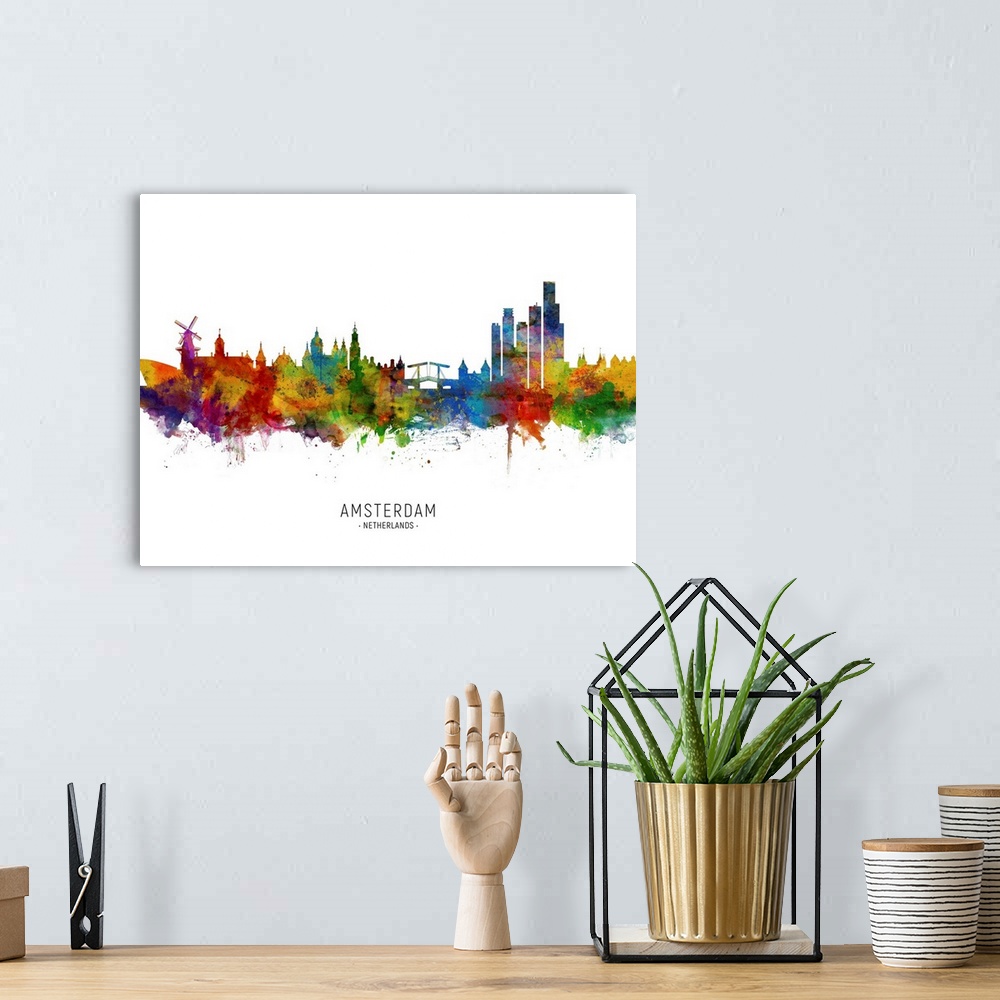 A bohemian room featuring Watercolor art print of the skyline of Amsterdam, The Netherlands.