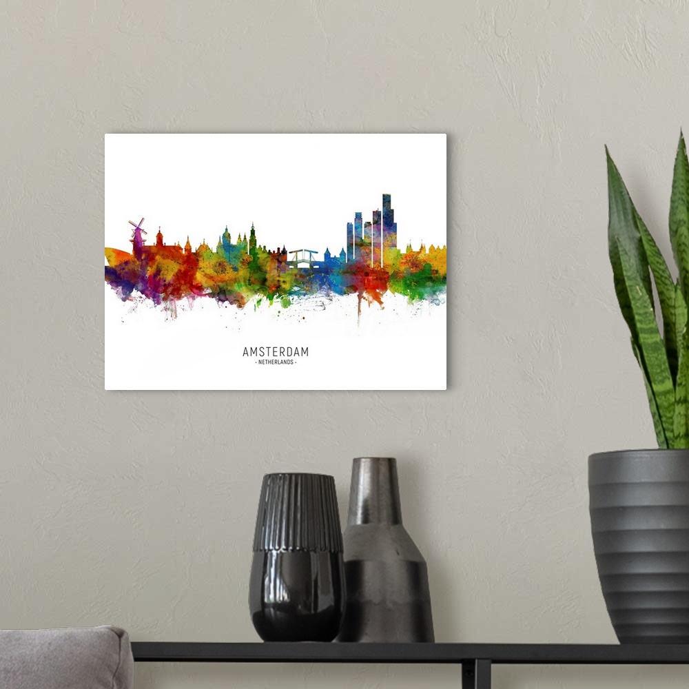 A modern room featuring Watercolor art print of the skyline of Amsterdam, The Netherlands.