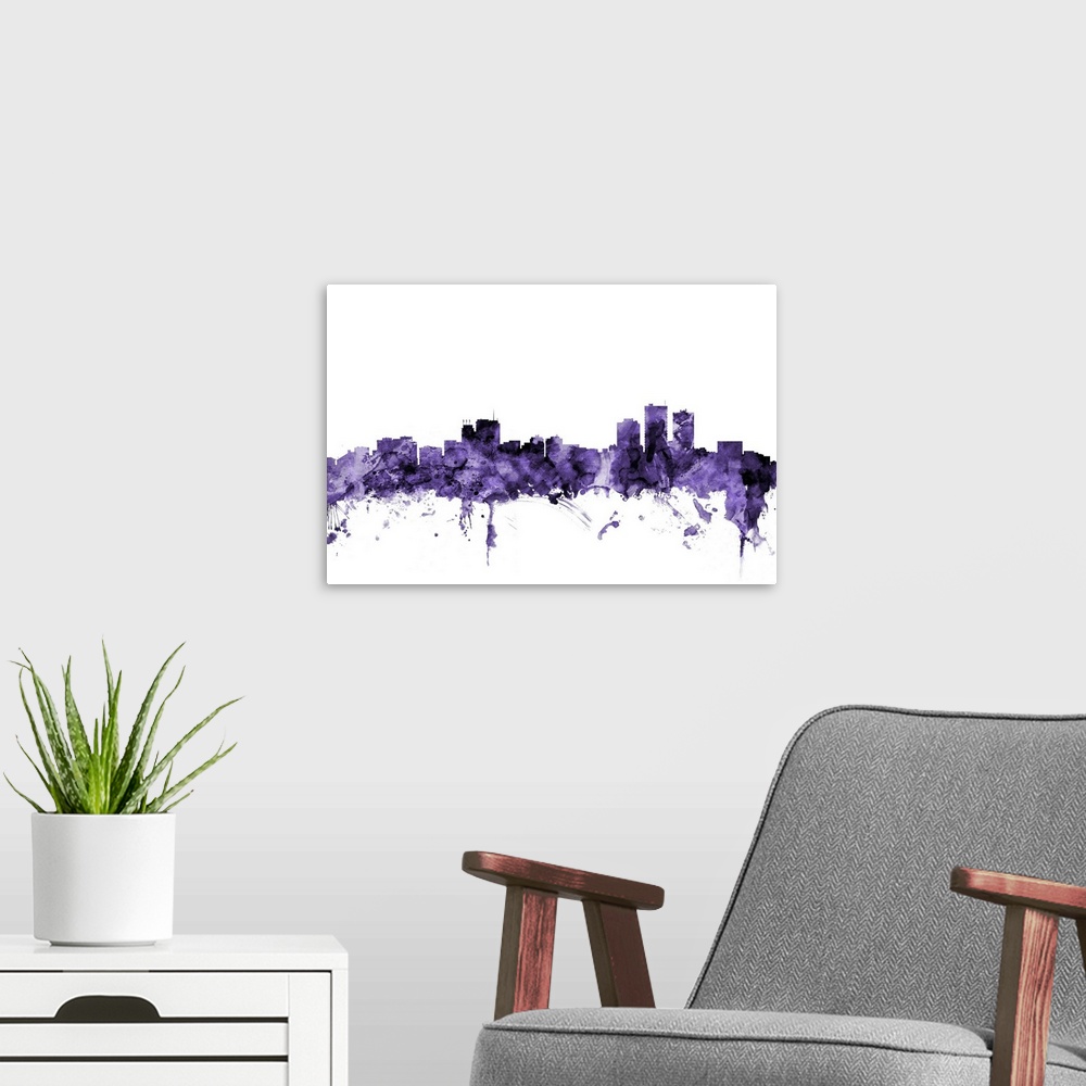A modern room featuring Watercolor art print of the skyline of Anchorage, Alaska, United States