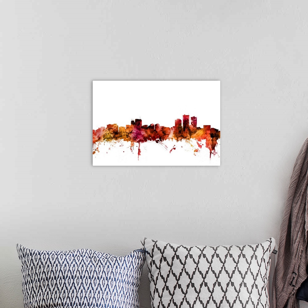 A bohemian room featuring Watercolor art print of the skyline of Anchorage, Alaska, United States.