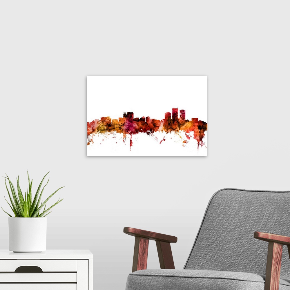 A modern room featuring Watercolor art print of the skyline of Anchorage, Alaska, United States.