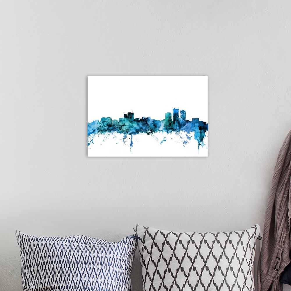 A bohemian room featuring Watercolor art print of the skyline of Anchorage, Alaska, United States.