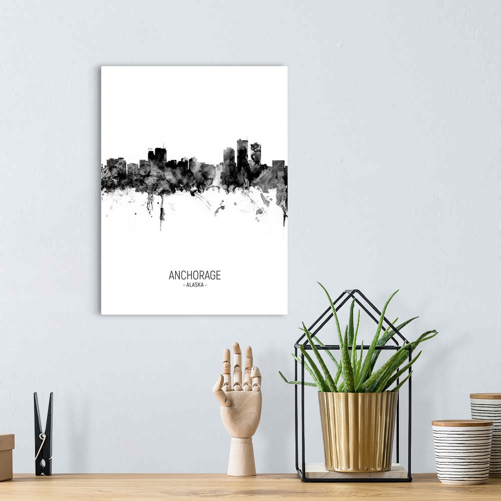 A bohemian room featuring Watercolor art print of the skyline of Anchorage, Alaska, United States