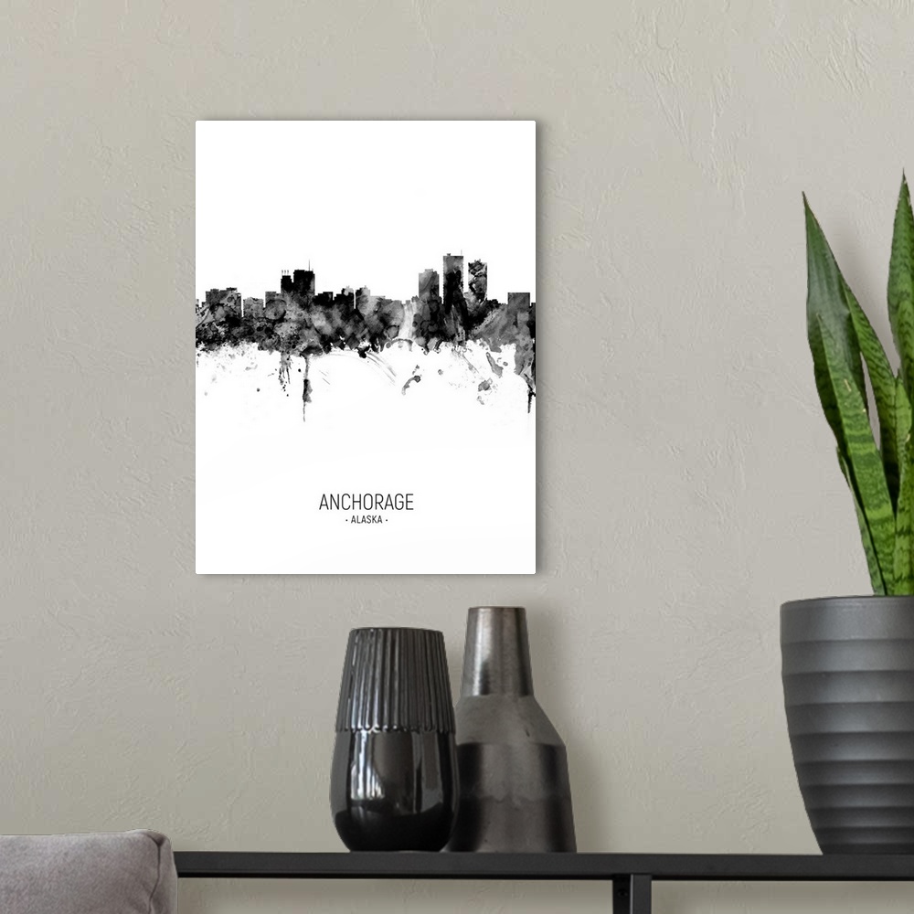 A modern room featuring Watercolor art print of the skyline of Anchorage, Alaska, United States