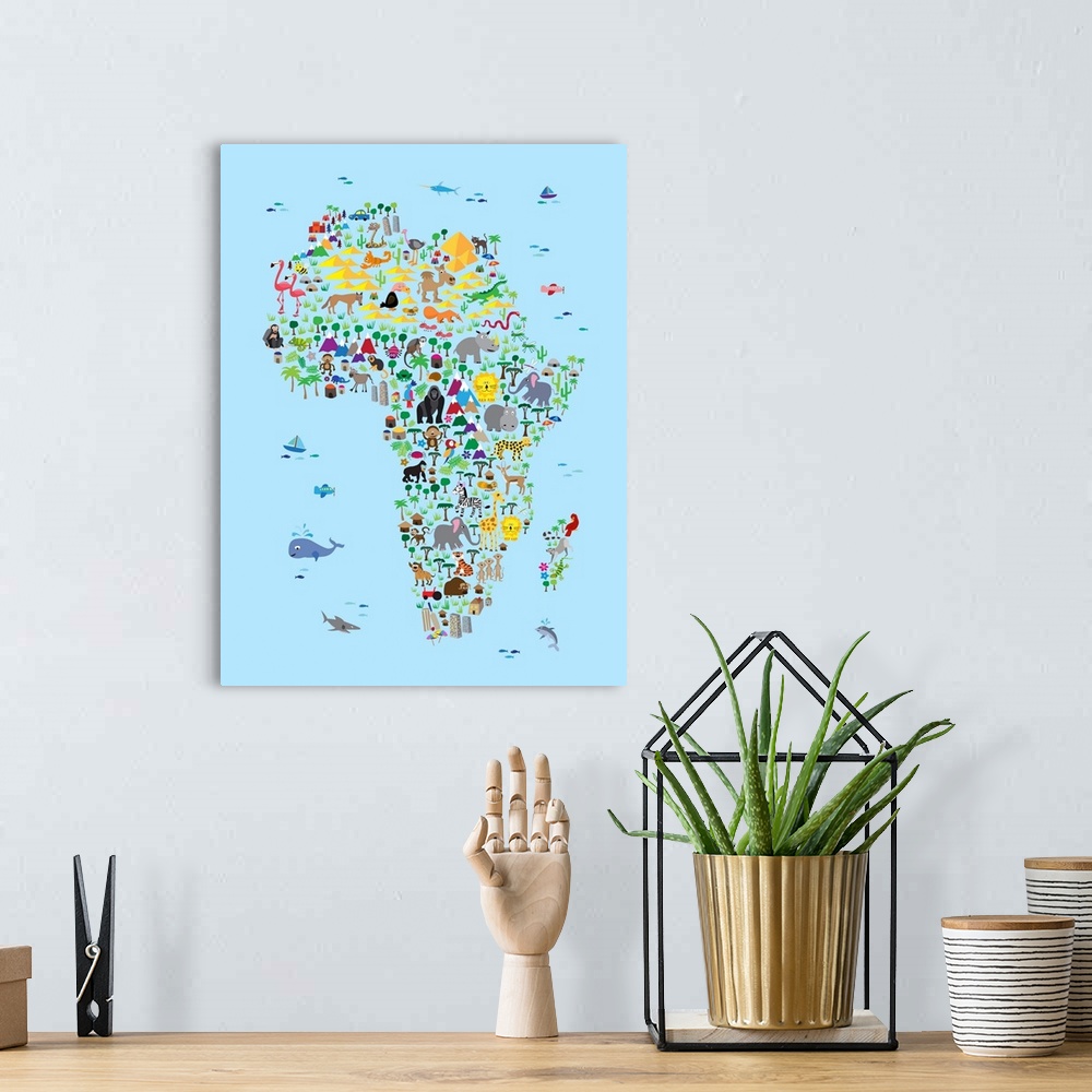 A bohemian room featuring A map of the Africa featuring cartoon animals. A colorful, fun and exciting map for any young chi...