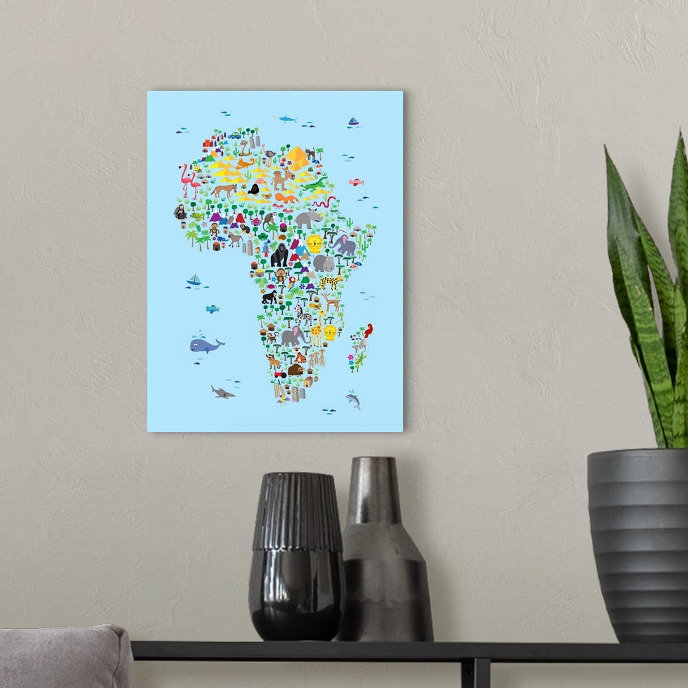 A modern room featuring A map of the Africa featuring cartoon animals. A colorful, fun and exciting map for any young chi...