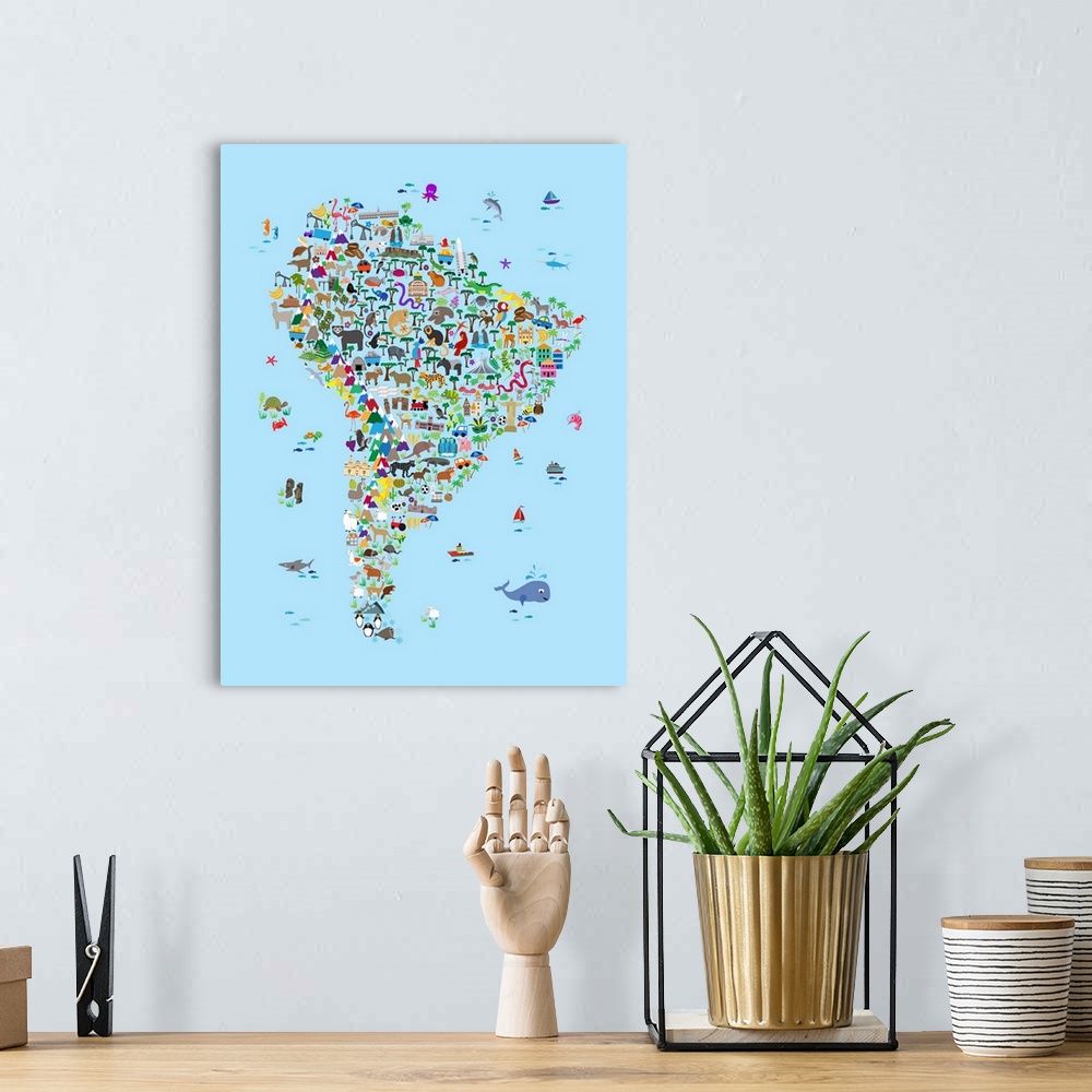 A bohemian room featuring A map of South America featuring cartoon animals, famous landmarks, and buildings. A colorful, fu...
