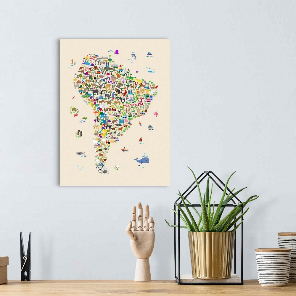 A bohemian room featuring A map of South America featuring cartoon animals, famous landmarks, and buildings. A colorful, fu...