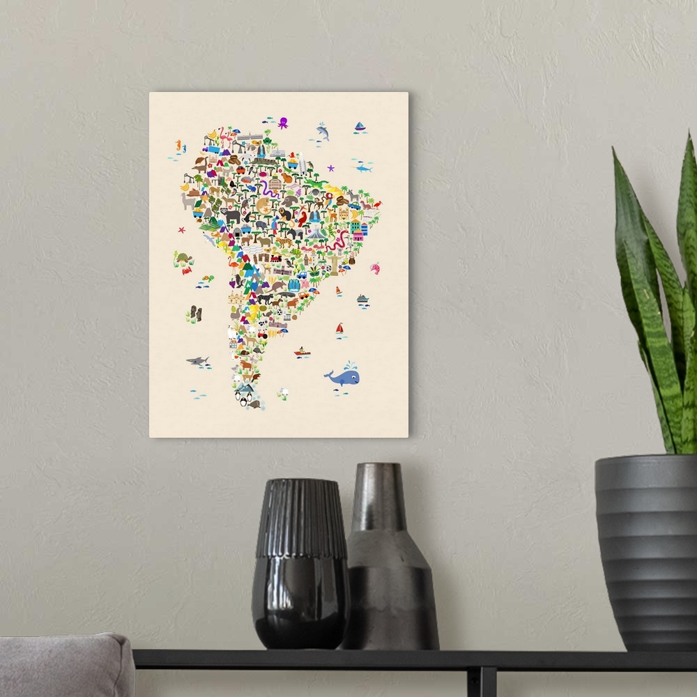 A modern room featuring A map of South America featuring cartoon animals, famous landmarks, and buildings. A colorful, fu...