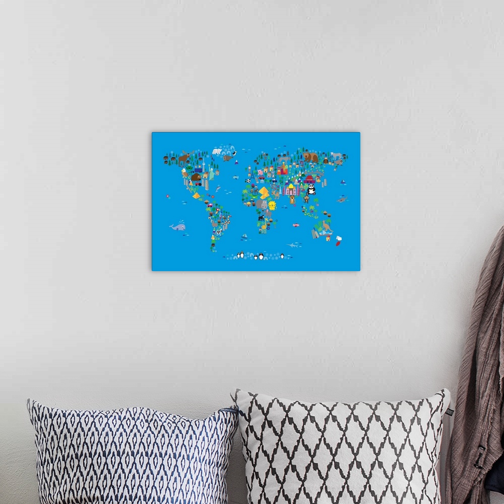 A bohemian room featuring Animal Map of the World for children, Blue