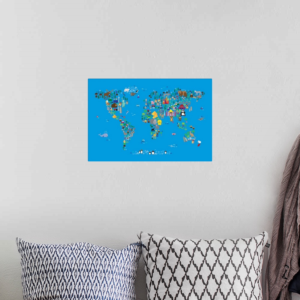 A bohemian room featuring Animal Map of the World for children, Blue