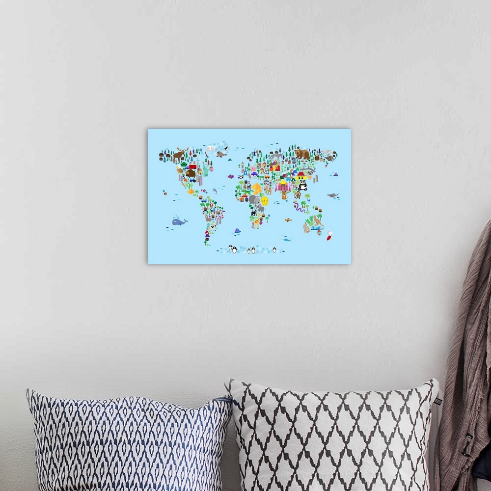 A bohemian room featuring Animal Map of the World for children, Light Blue