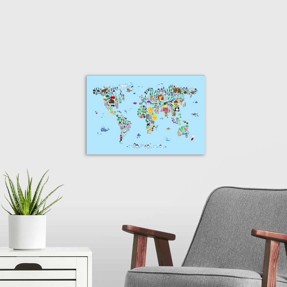 A modern room featuring Animal Map of the World for children, Light Blue