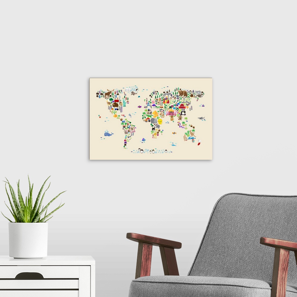 A modern room featuring Animal Map of the World for children, Tan