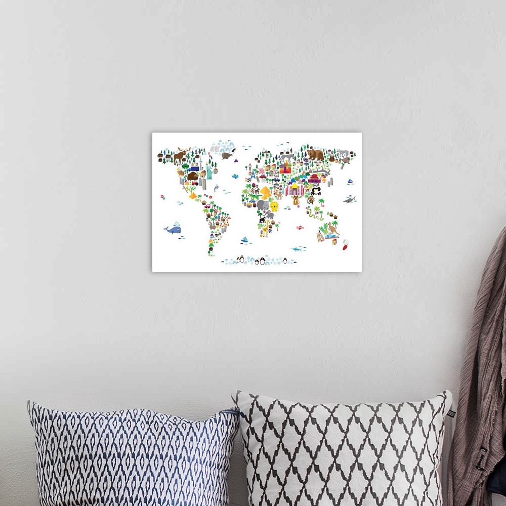 A bohemian room featuring Animal Map of the World for children, White