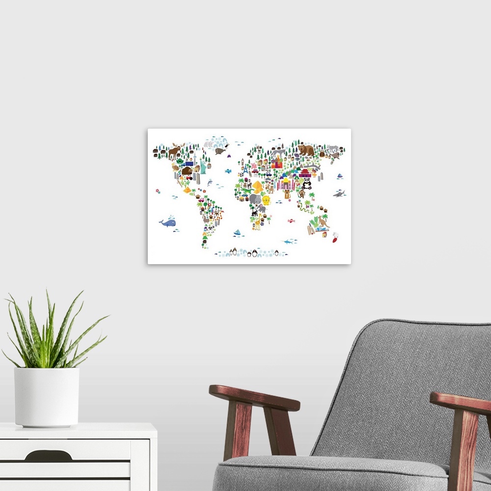 A modern room featuring Animal Map of the World for children, White