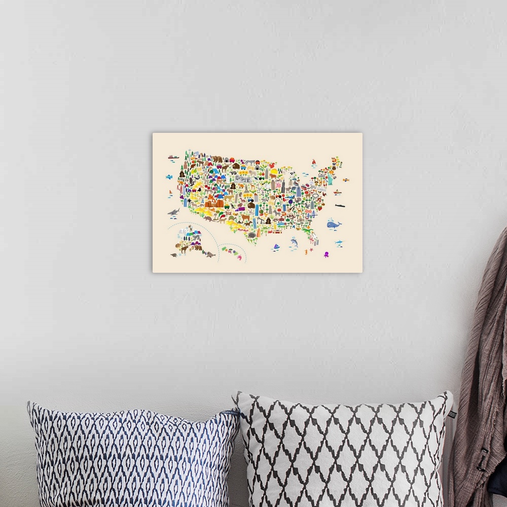 A bohemian room featuring A map of the United States featuring cartoon animals, famous landmarks, and buildings. A colorful...