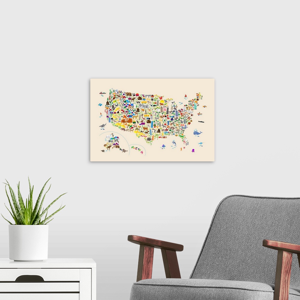 A modern room featuring A map of the United States featuring cartoon animals, famous landmarks, and buildings. A colorful...