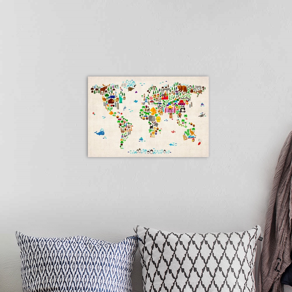 A bohemian room featuring Animal World Map