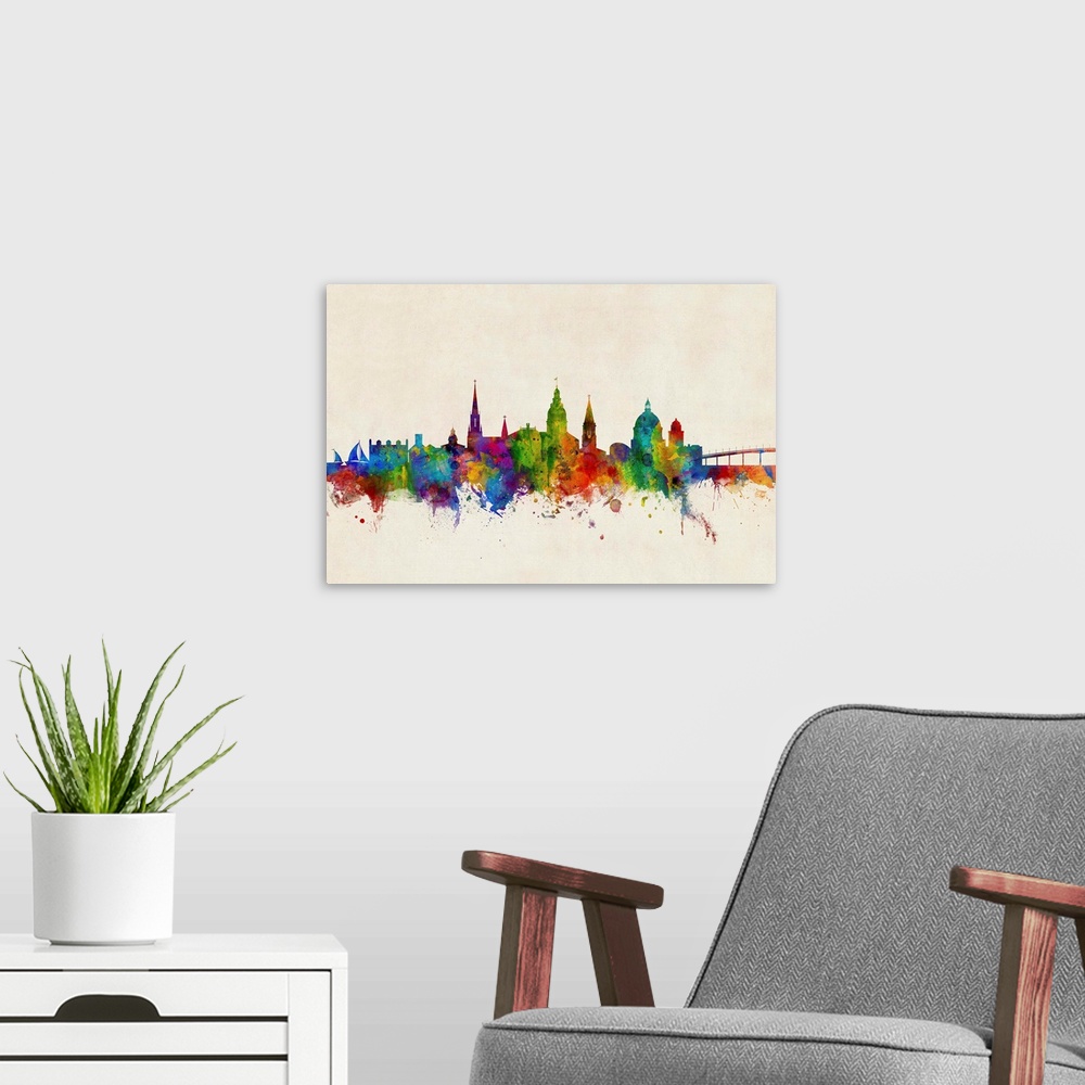 A modern room featuring Watercolor art print of the skyline of Annapolis, Maryland, United States