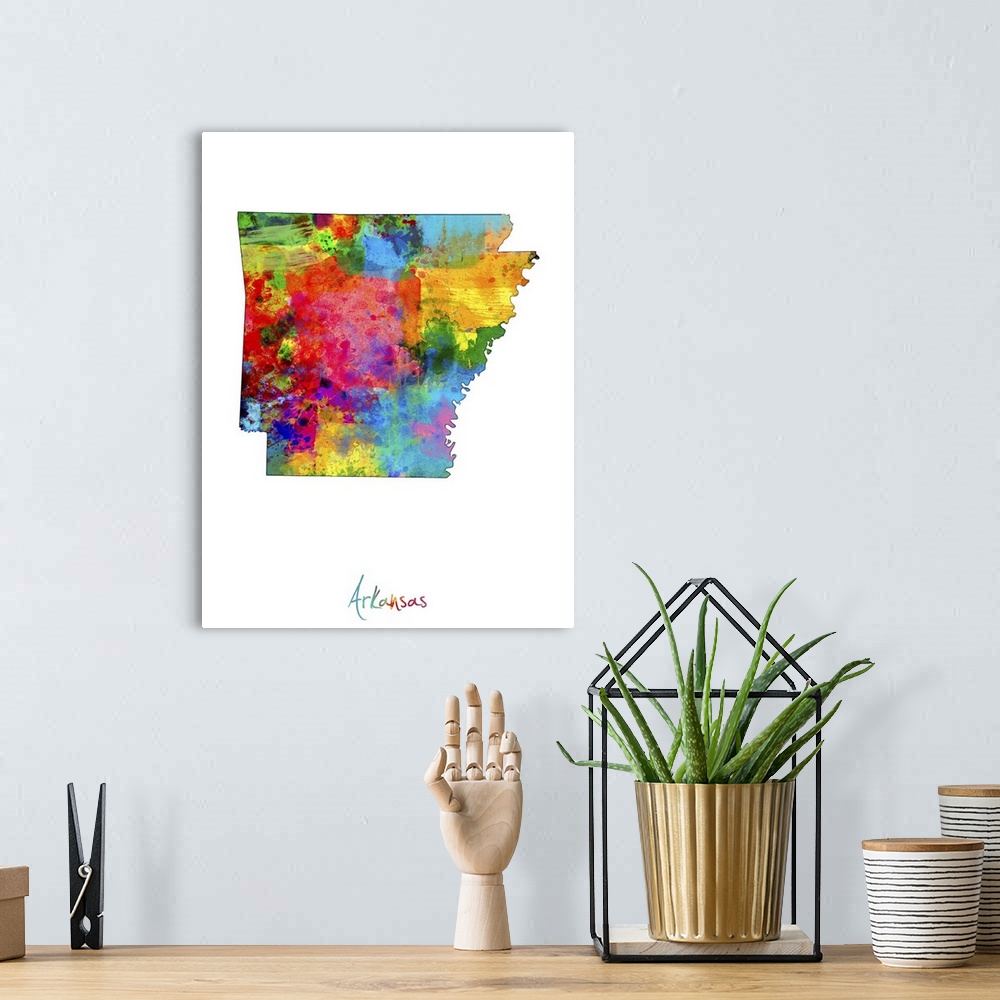 A bohemian room featuring Contemporary artwork of a map of Arkansas made of colorful paint splashes.