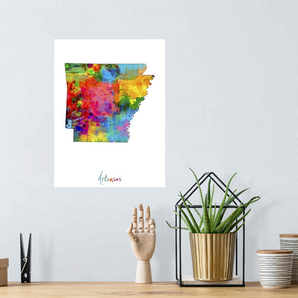 A bohemian room featuring Contemporary artwork of a map of Arkansas made of colorful paint splashes.