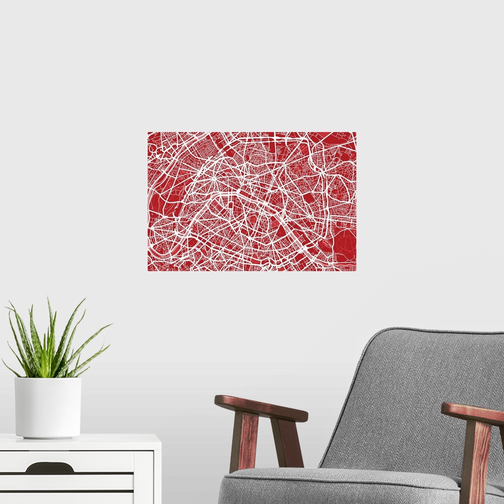 A modern room featuring Art map of Paris in red
