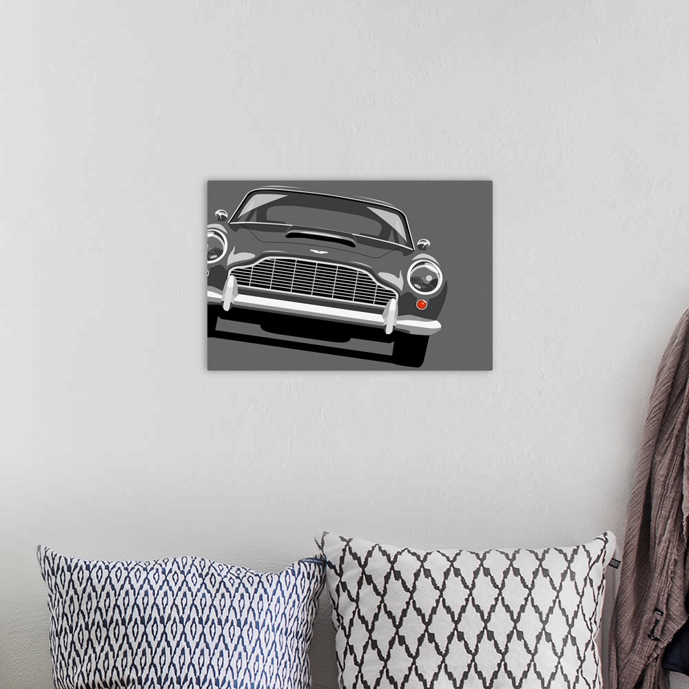 A bohemian room featuring Pop art print of a Aston Martin DB5 car on a neutral background.