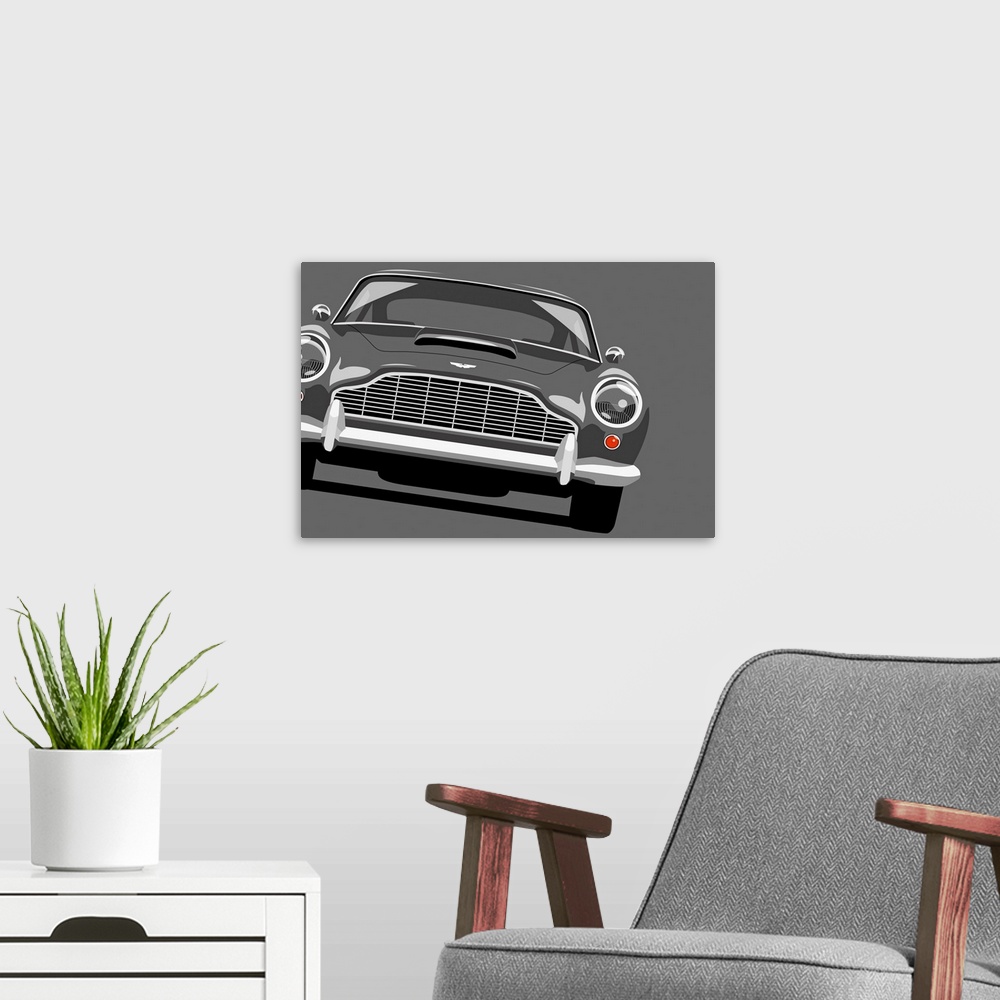 A modern room featuring Pop art print of a Aston Martin DB5 car on a neutral background.